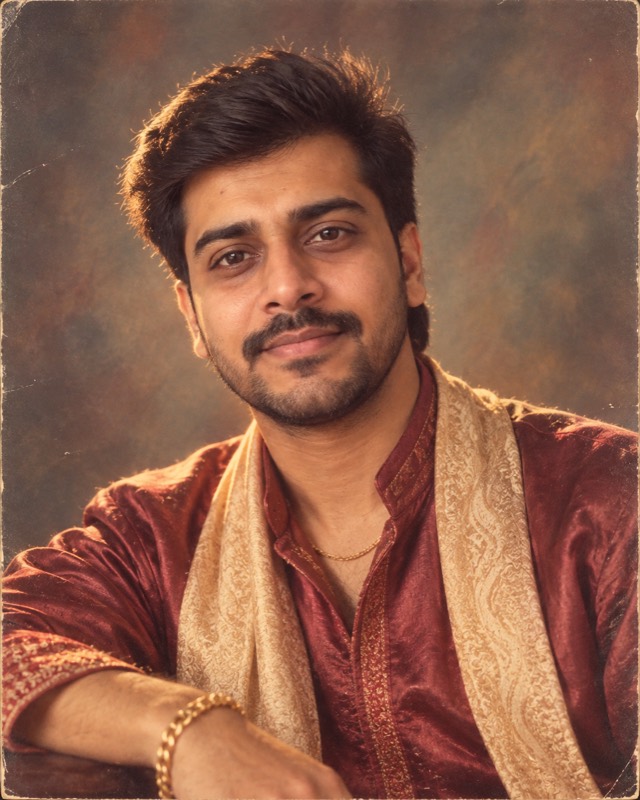The same face in a 1980s Hindi cinema publicity portrait with silk clothing and warm light