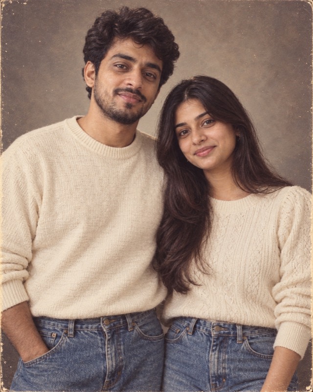 The same two people in a 1985 studio couple portrait, each face kept distinct