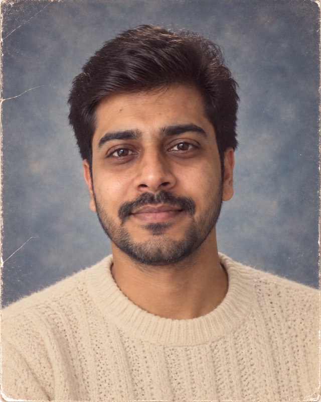 The same face in a 1985 studio portrait with a mottled backdrop and cream knitwear